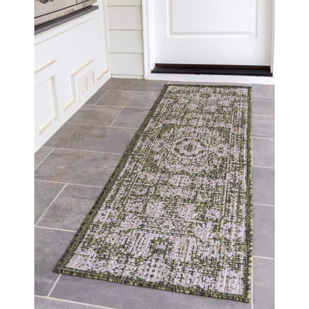Green and Ivory Flat Woven Outdoor Runner Rug