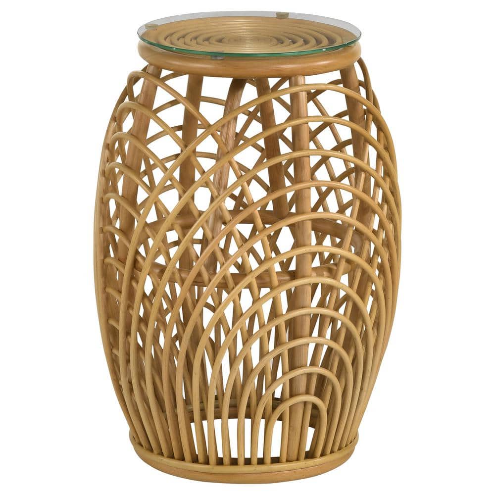 Natural Brown Rattan and Glass Round End Table
