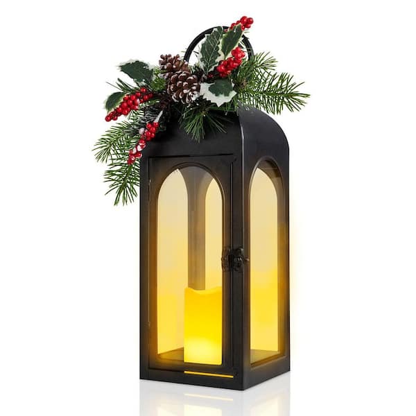 Christmas Decorative Lantern with LED Flameless Candle, Black Metal Lantern with LED Candle Lit, Christmas Decor