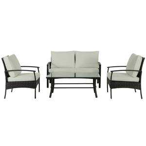 4--Piece Brown Wicker Outdoor Patio Sectional Sofa Conversation Set with Beige Cushions