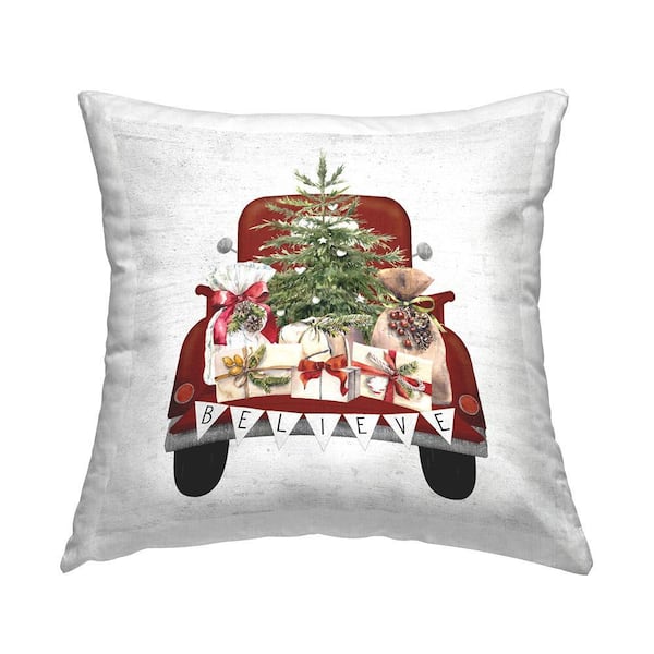 Believe Christmas Gifts Truck Red Print Polyester 18in. X 18in. Throw Pillow