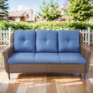 Chrysanthemum Armrest Series 3-Seat Brown Wicker Outdoor Patio Sofa Couch with Blue Cushions