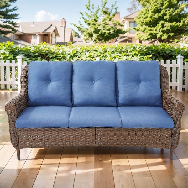 Chrysanthemum Armrest Series 3-Seat Brown Wicker Outdoor Patio Sofa Couch with Blue Cushions
