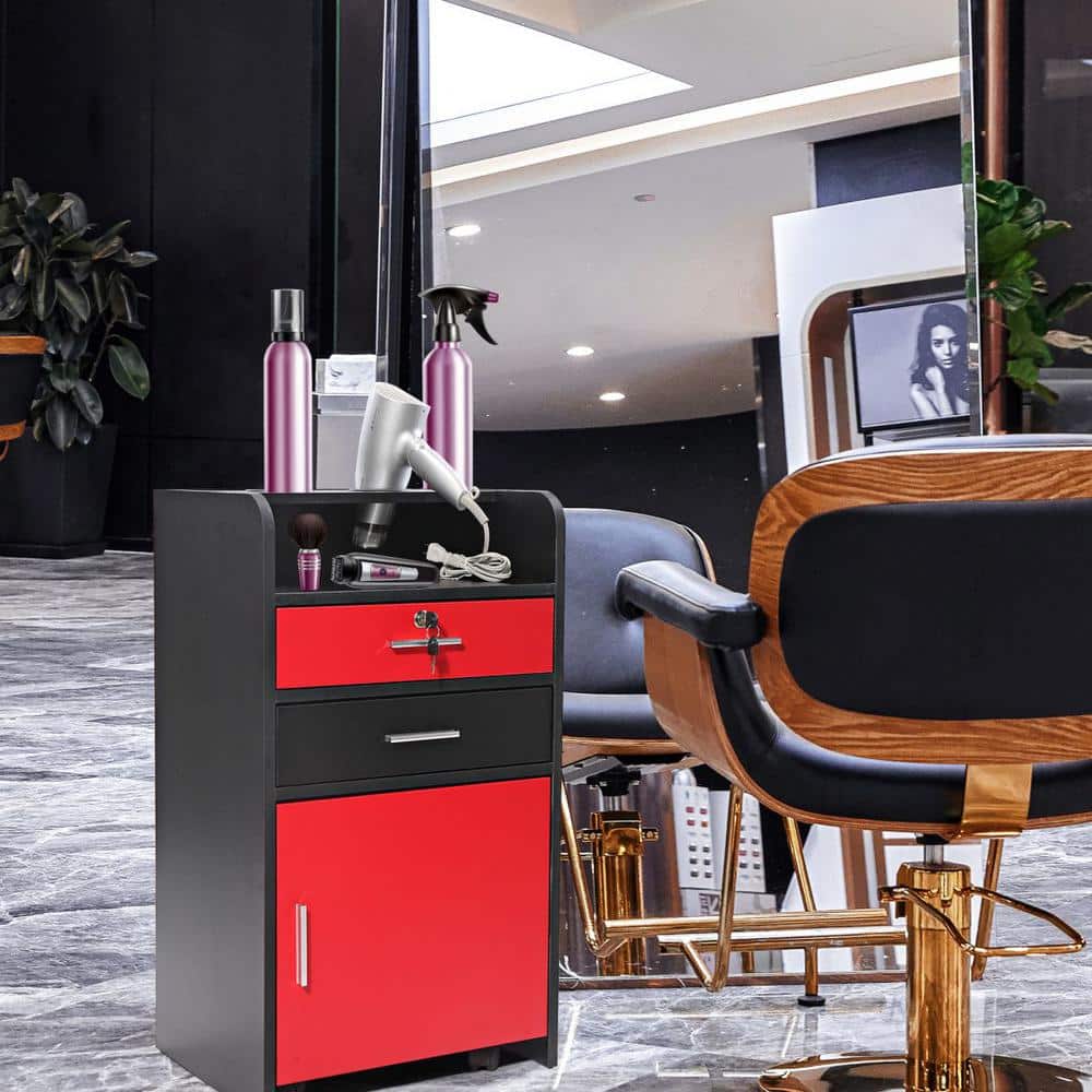 Black and Red 31.5 in. 3-Layer Salon Beauty Storage Cabinet with-Drawer, Wh