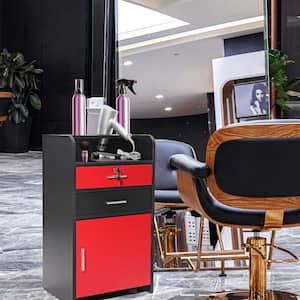 Black and Red 31.5 in. 3-Layer Salon Beauty Storage Cabinet with-Drawer, Wheels and 2-Hair Dryer Holders