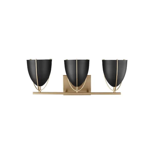 Generation Lighting - Norman 24.25 in. H 3-Light Satin Brass Vanity Light with Midnight Black Steel Shades