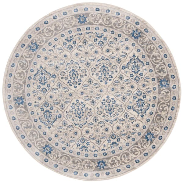 Brentwood Light Gray/Blue 7 ft. x 7 ft. Round Floral Border Geometric Area Rug