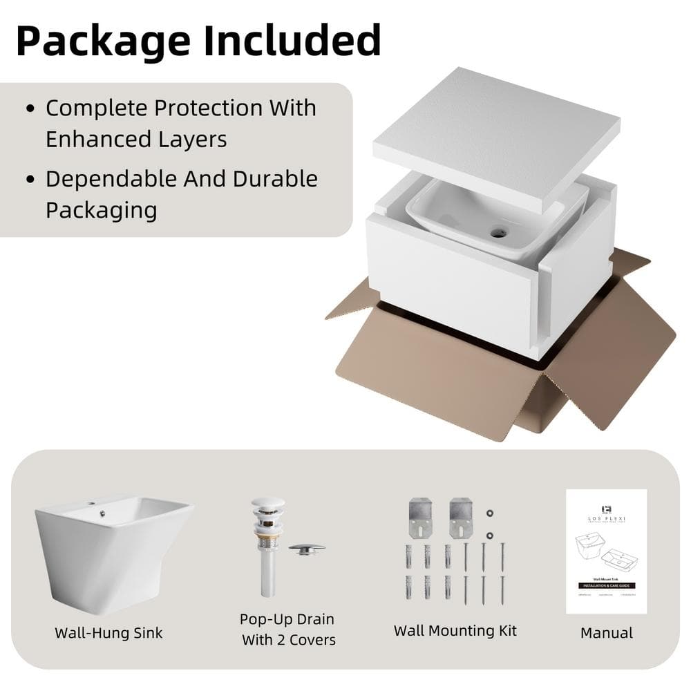 Glossy White Ceramic Wall-Mount Rectangular Vessel Sink with Stainless Steel Drain