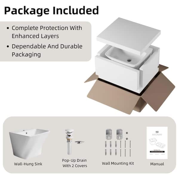 19 in. L x 17 in. W x 15 in. H Wall Mount Bathroom Sink in White Ceramic With Overflow, Pop-up Drain With 2-Covers