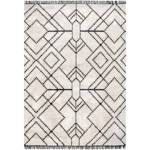 Carlina Beige Doormat 3 ft. x 5 ft. Modern Geometric Soft Shag Fringe Indoor Area Rug