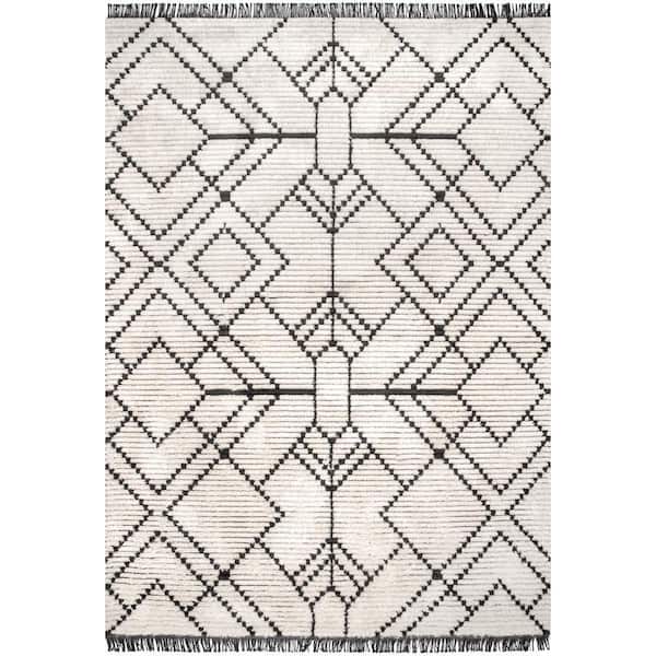 Carlina Beige Doormat 3 ft. x 5 ft. Modern Geometric Soft Shag Fringe Indoor Area Rug