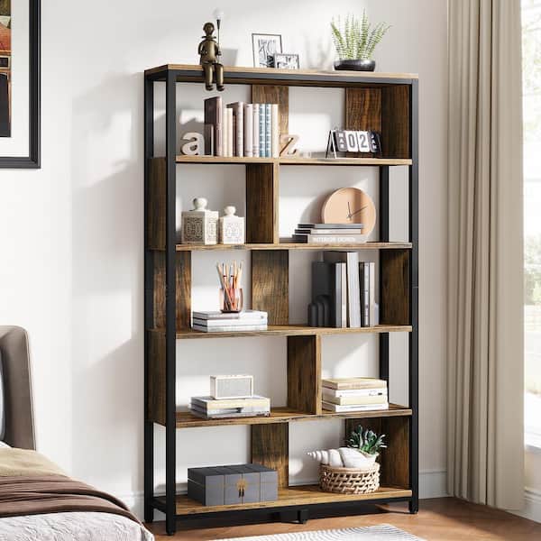 TRIBESIGNS WAY TO ORIGIN Frailey 70.87 in. Tall Brown Black Wood Free-Standing Large 6-Tier Open Display Shelves Bookshelf Storage Rack Bookcase