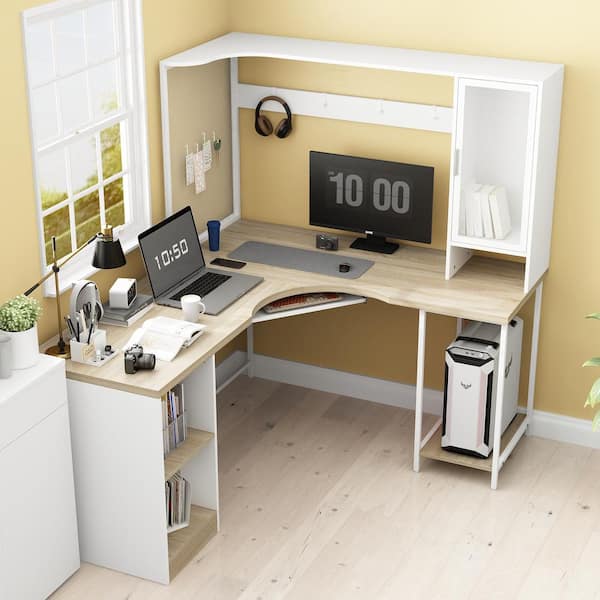 FUFU&GAGA 63 in. W L-Shape White Multi-Color Wooden No Drawer Writing Desk, Computer Desk 5-Shelf, Keyboard Tray and Glass Top