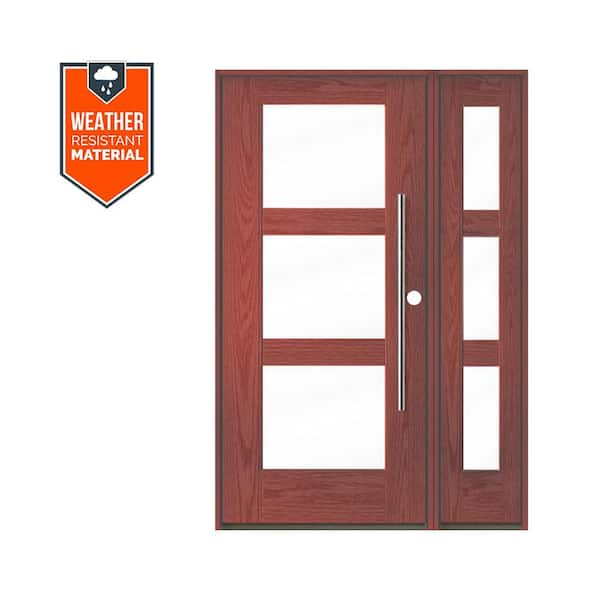 Modern Faux Pivot 50 in. x 79 in. 3-Lite Left-Hand/Inswing Clear Glass Redwood Stain Fiberglass Prehung Front Door/RSL