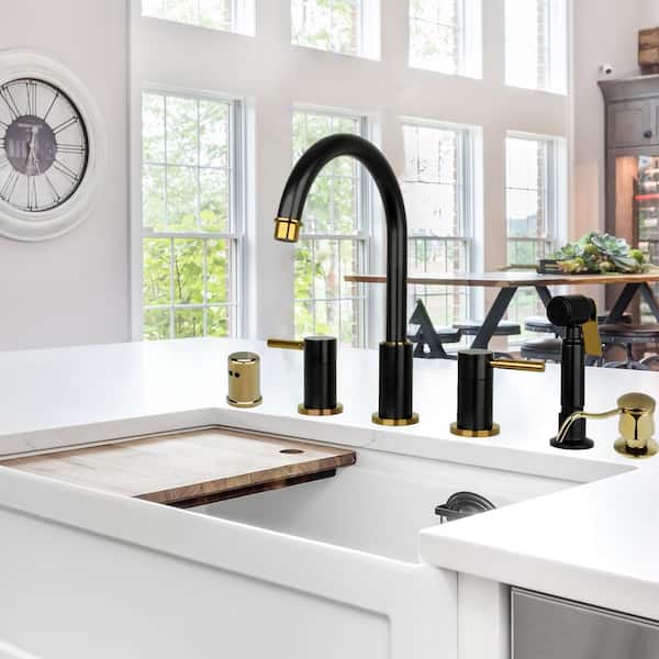 Double-Handle Black and Gold Widespread Kitchen Sink Faucet with Side  Sprayer and Soap Dispenser Akicon (Black and Gold) 