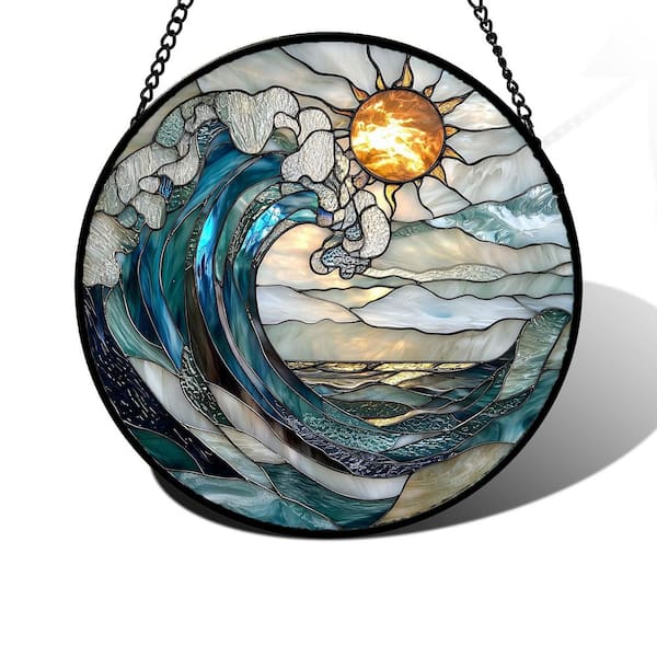 Angel Sar 7.8 in. Blue and White Waves Stained Glass Suncatcher