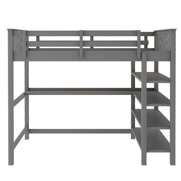 Urtr Gray Full Loft Bed With Desk And Storage Shelves Full Size Loft Bed With Ladder And Guard Rail Wood Loft Bed Frame T E The Home Depot