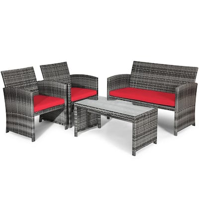 INTERGREAT Outdoor Patio Furniture Set Gray Wicker Conversation Set 4 PC Sofa Set
