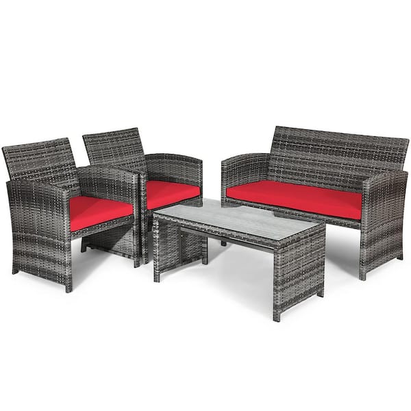 Costway 4-Piece Wicker Patio Conversation Set with Red Cushions