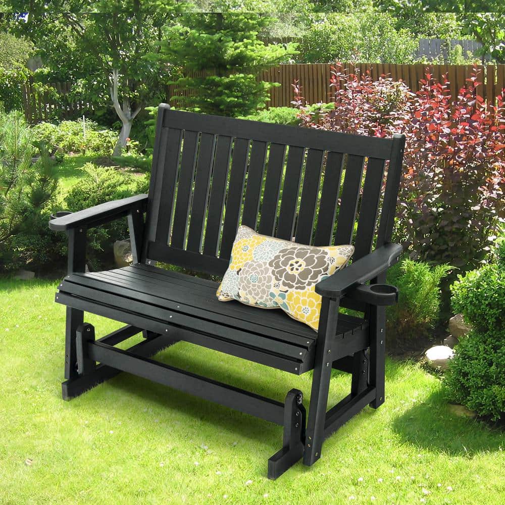 Black Composite Outdoor Glider with Removable Cup Holders