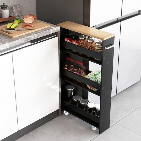 Black Particle Board 19 in. Rolling Kitchen Sideboard Slim Storage Cart Mobile Shelving Organizer with Handle