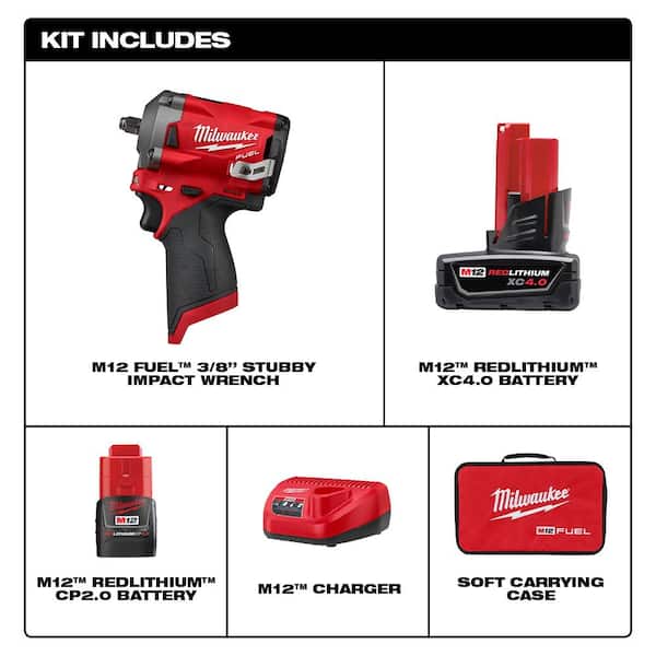 M12 FUEL 12V Lithium-Ion Brushless Cordless Stubby 3/8 in. Impact Wrench Kit with One 4.0 and One 2. 0Ah Batteries