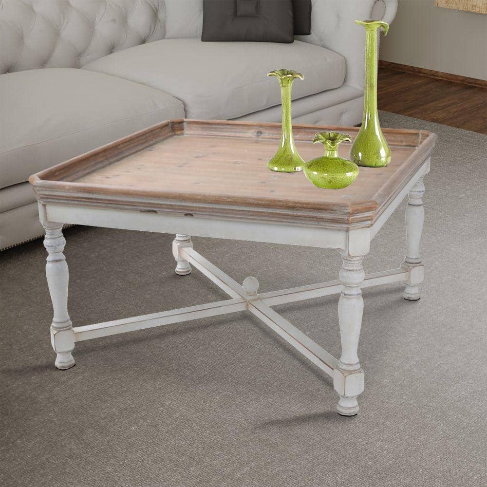 Whitewashed Brown and Creamy White Square Wooden Coffee Table