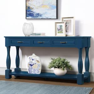 63 in. x 14 in. x 30 in. Wood Console Table in Navy Blue with 3 Drawers and 1 Bottom Shelf for Entryway Hallway