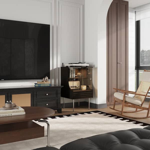 19.6 in. Width Brown Wooden Grain Rectangle Wood End Table Record Player Storage Cabinet w/ 1 Drawer and 2 Glass Shelves