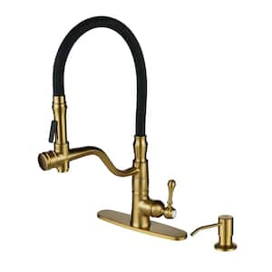 Single-Handle Pull Down Sprayer Kitchen Faucet with Soap Dispenser in Brushed Gold