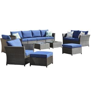 Norman Brown 12-Piece Wicker Outdoor Patio Conversation Seating Sofa Set with Navy Blue Cushions, No Assembly Required