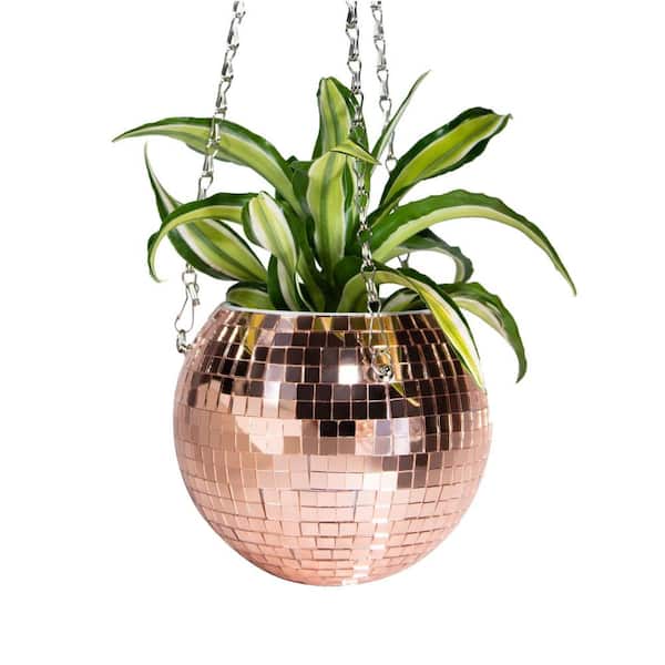 Dyiom 4 in. Dia Rose Gold Plastic and Glass Hanging Basket with Chain and Macrame Rope (1-Pack)