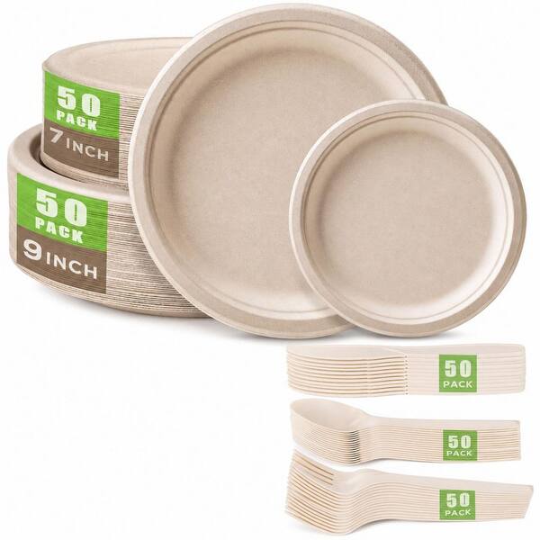 Compostable Disposable Dinnerware Set, 250 Pieces, Sugarcane Plates with Plant-Based Forks Knives and Spoons