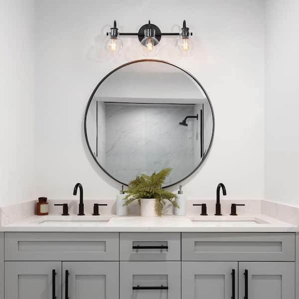 22 in. 3-Light Modern Black Bathroom Vanity Light Farmhouse Wall Sconce  with Clear Glass Globe Shades