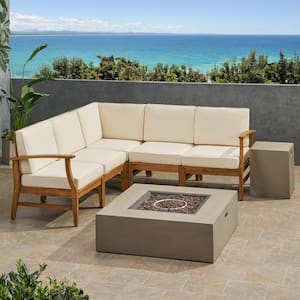 Illona Teak Brown 7-Piece Wood Patio Fire Pit Sectional Seating Set with Cream Cushions
