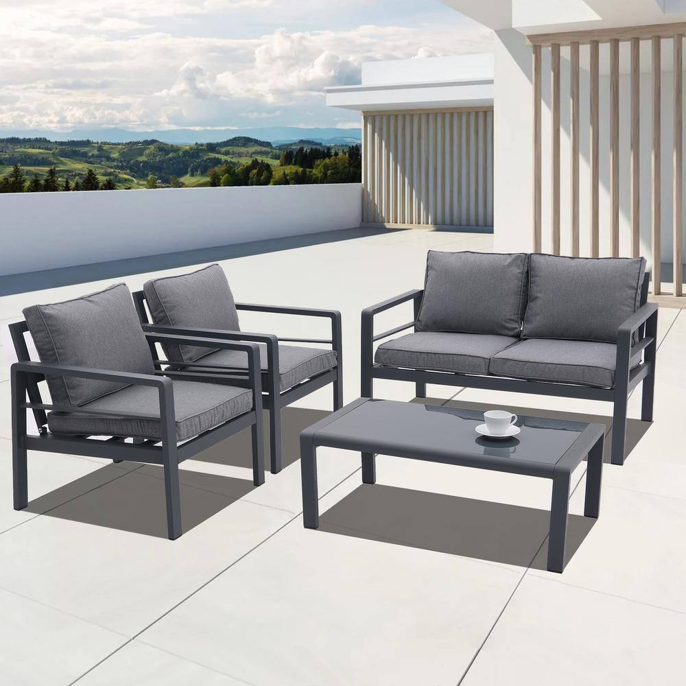 Modern 4-Piece Aluminum Patio Conversation Set with Removable Grey Cushions