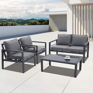 Modern 4-Piece Aluminum Patio Conversation Set with Removable Grey Cushions and Coffee Table