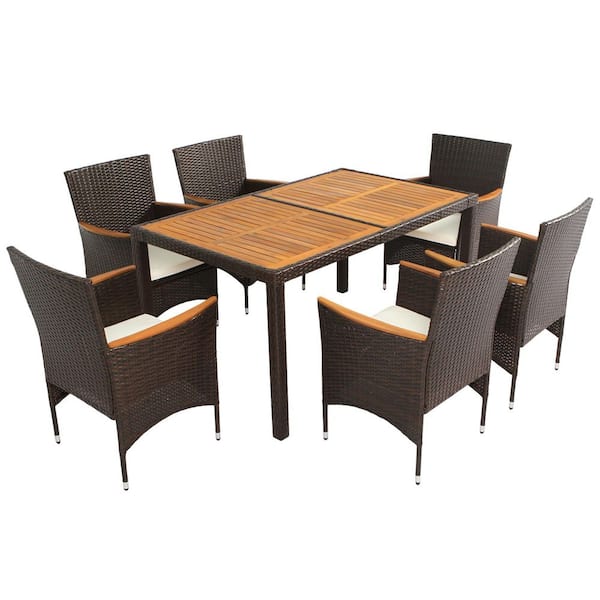 7-Piece Brown Wicker Outdoor Dining Set with Beige Cushion for Garden, Backyard, Lawn, and Poolside