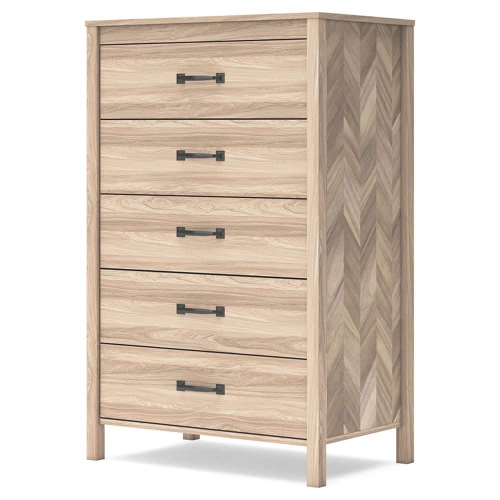 Tan Oak Grain Mid-Century 5-Drawer Dresser with Chevron Pattern