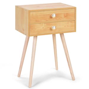 2-Drawers Natural Side End Table Nightstand Bedroom Room Furniture ( 16'' x 12'' x 24'' )