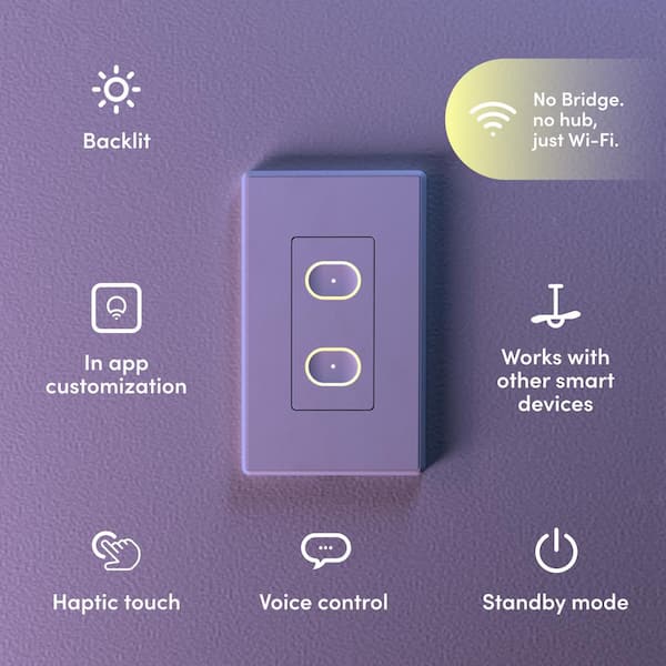 Smart Wi-Fi Connected White Touch Light Switch for Dimmable 210W LED and 650W Incandescent Bulbs, Single-Pole 2-Buttons