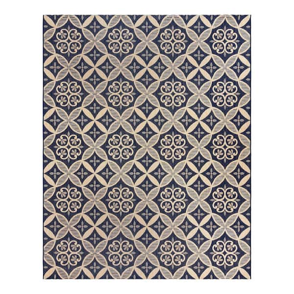 Gertmenian Paseo Niala Navy/Sand 6 ft. x 9 ft. Floral Medallion Indoor/Outdoor Area Rug