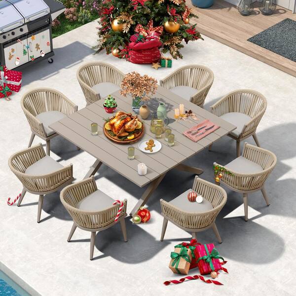 PURPLE LEAF 9 Piece Aluminum All Weather PE Rattan Square Outdoor Dining Set with Cushion Champagne PPL03 OL09 155 CP
