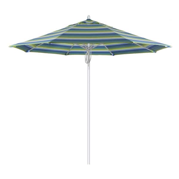 California Umbrella 9 ft. Silver Aluminum Commercial Fiberglass Ribs Market Patio Umbrella and Pulley Lift in Seville Seaside Sunbrella