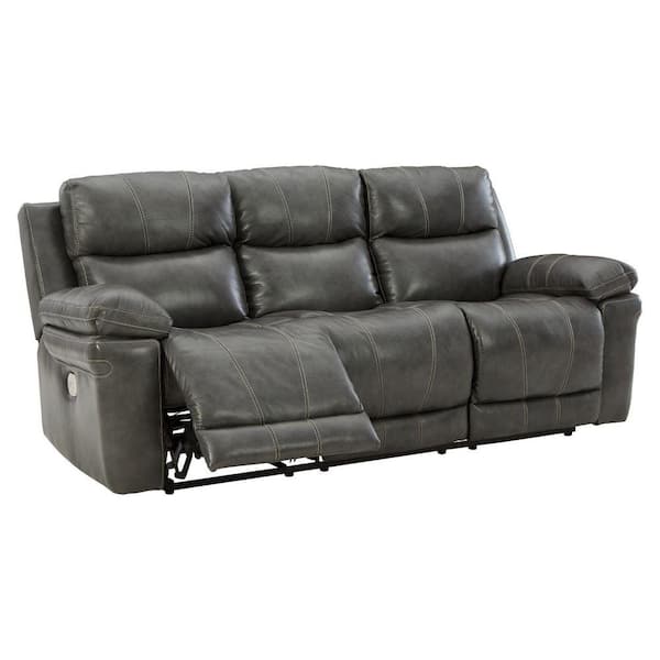 Benjara 39 in. Straight Arm Leather Straight Rectangle Power Reclining Sofa in Gray