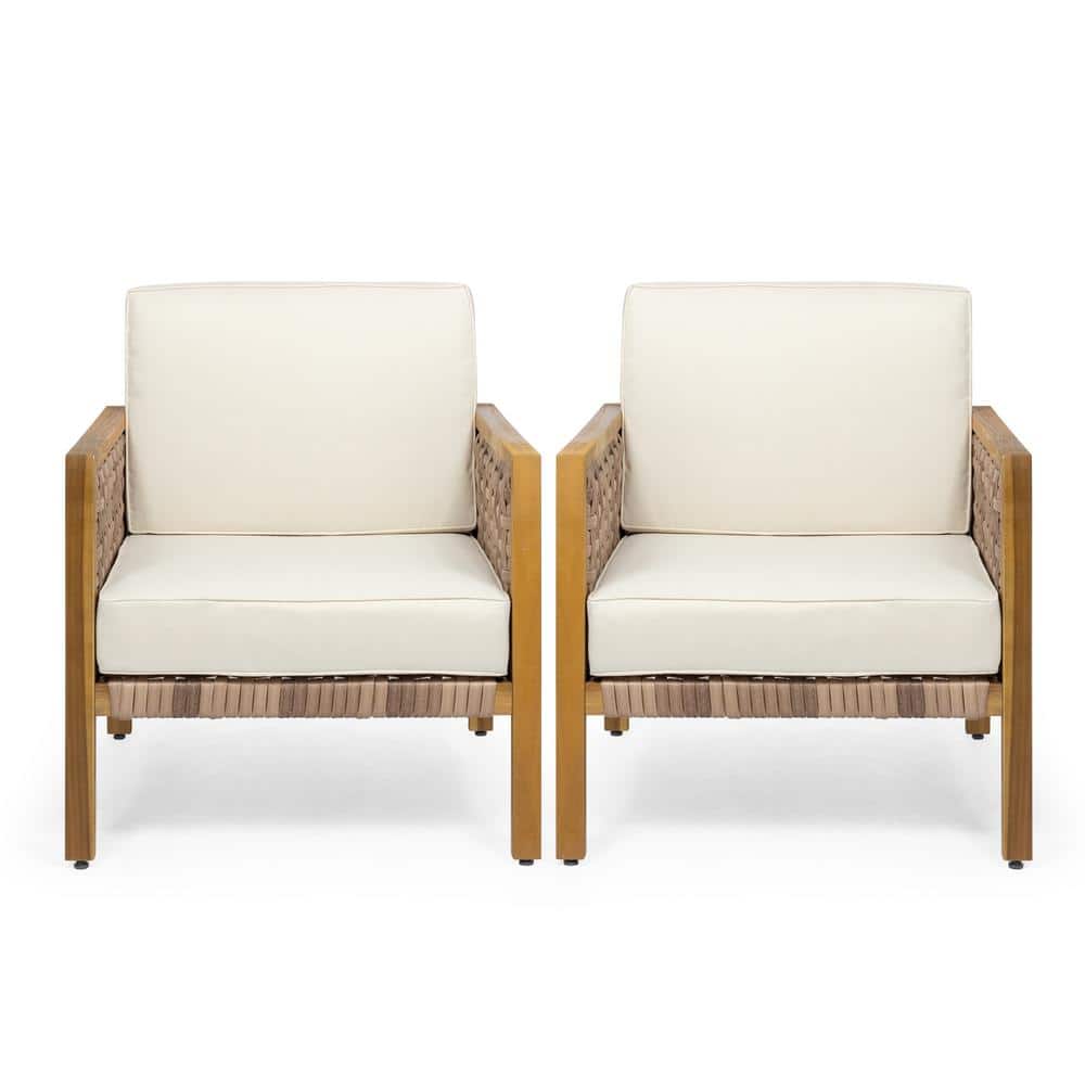 Teak Faux Rattan Club Armchair with Beige Cushions