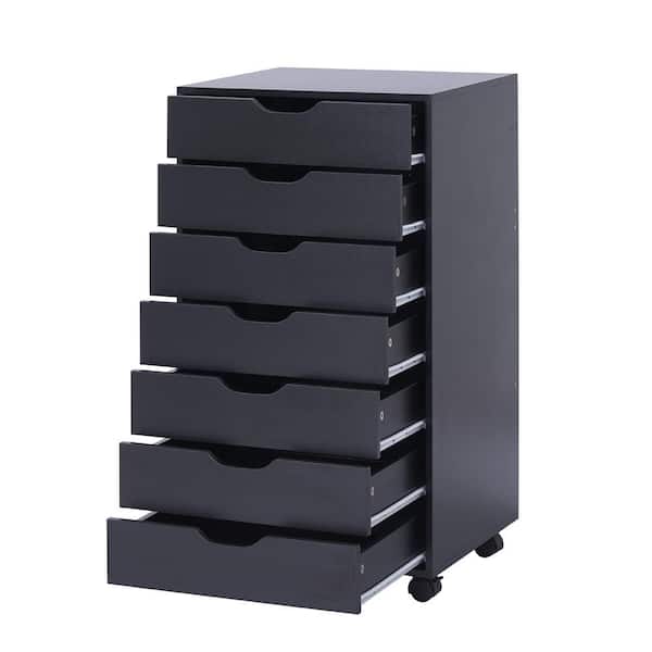 HOMESTOCK 7-Drawer Black Wood 18.9 in. W Vertical Storage Dresser with Wheels Makeup Dresser File Cabinet