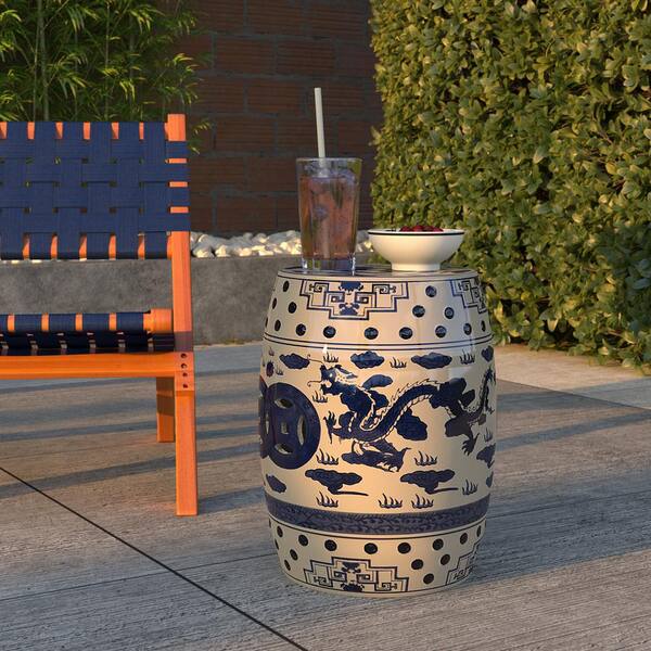 BALKENE HOME Double-Medallion Dragon-Embellished Blue and White Ceramic Garden Stool