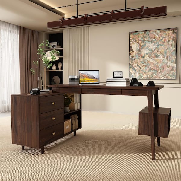 FUFU&GAGA 55.1 in. Width L-Shaped Brown Wooden 3-Drawer Commercial Desk, Computer Desk, Writing Desk with Shelves Storage