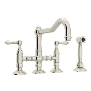 Country Kitchen 2-Handle Bridge Kitchen Faucet with Side Sprayer in Polished Nickel